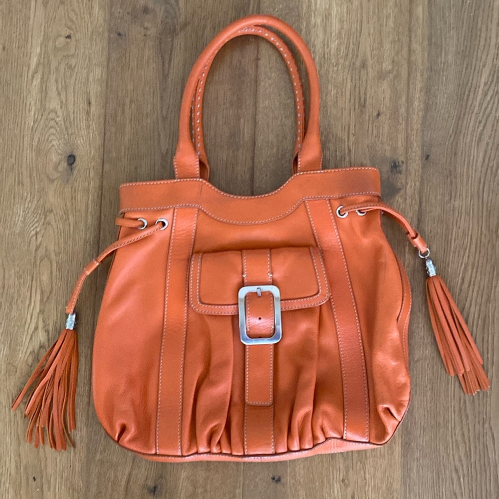 Cole Haan orange leather shoulder bag silver aces td tassels magnetic closure